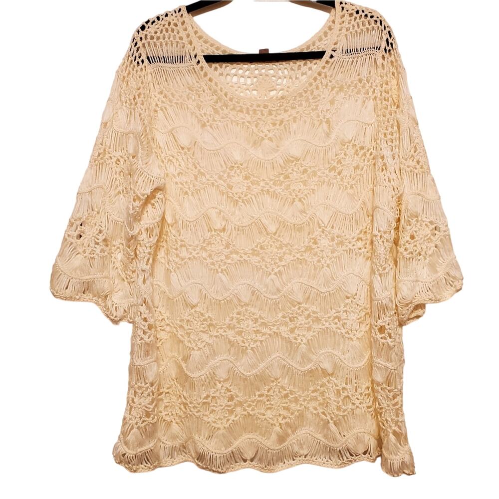 Size 3X DB EST. 1962 Ivory Multi-pattern Crochet 3/4 Sleeve Sweater